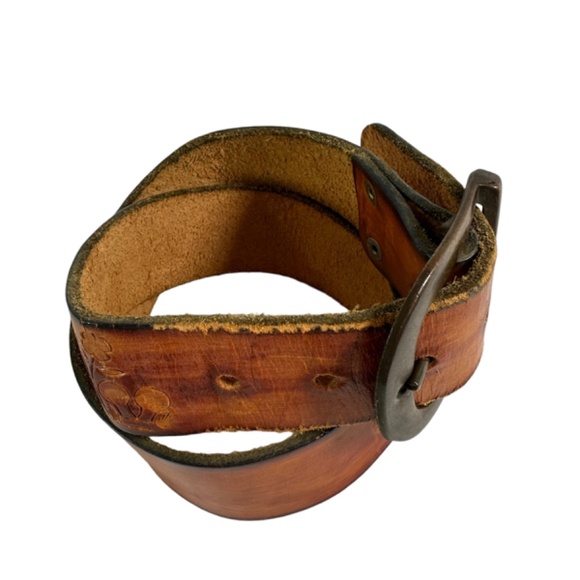 Vintage Brown Leather Mushrooms & Flowers Pattern Belt 28 Unisex main image 5